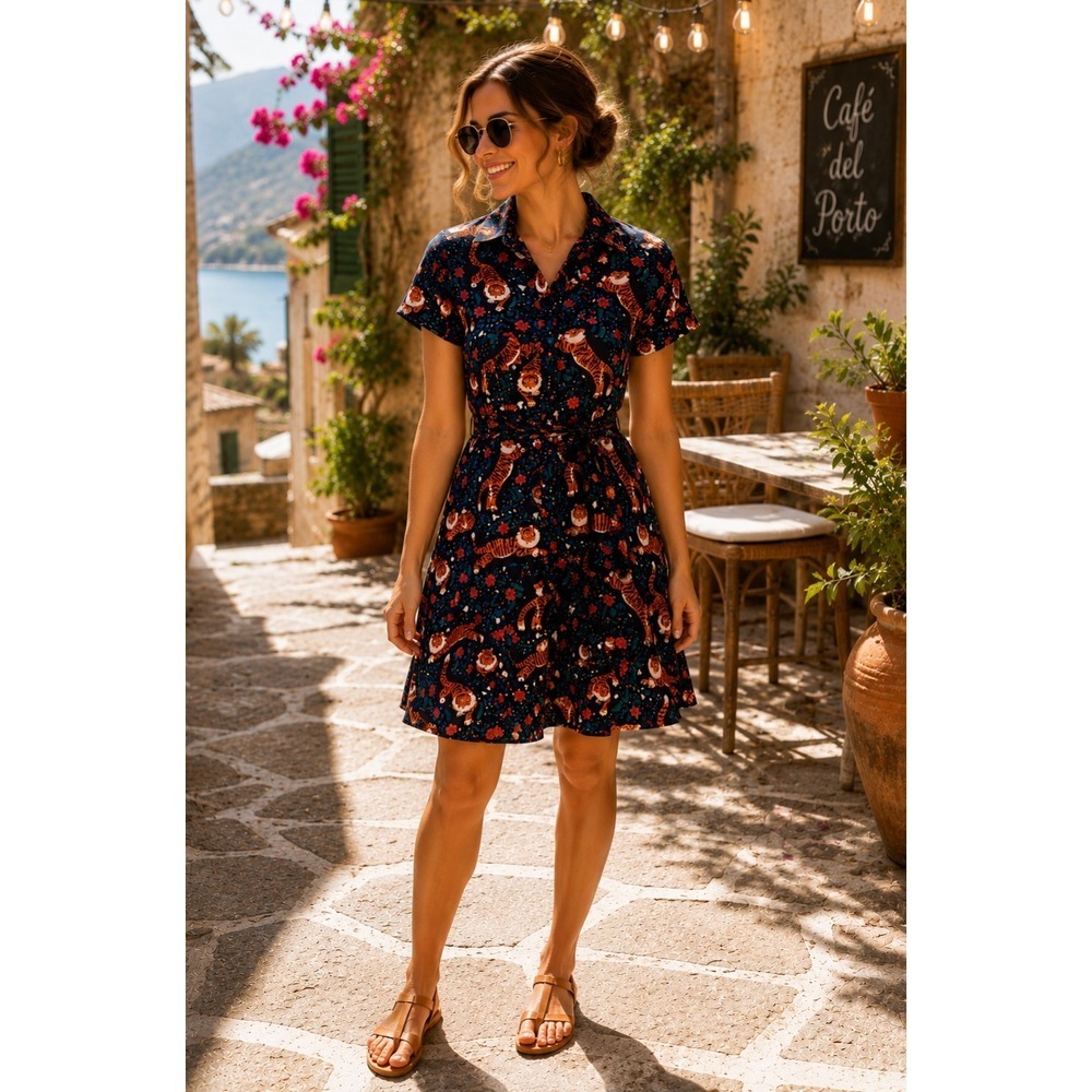 EVA ROSE Tiger Flower Field Knee Length Shirt Dress Shirtdress Tie Waist Small